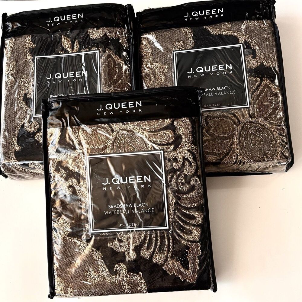 J Queen New York Bradshaw Black Waterfall Valance 49x33 Set Of 3 NEW